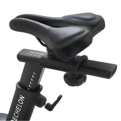 Close-up view of the seat and adjustable seat post of the Echelon EX-7s Smart Connect Bike.