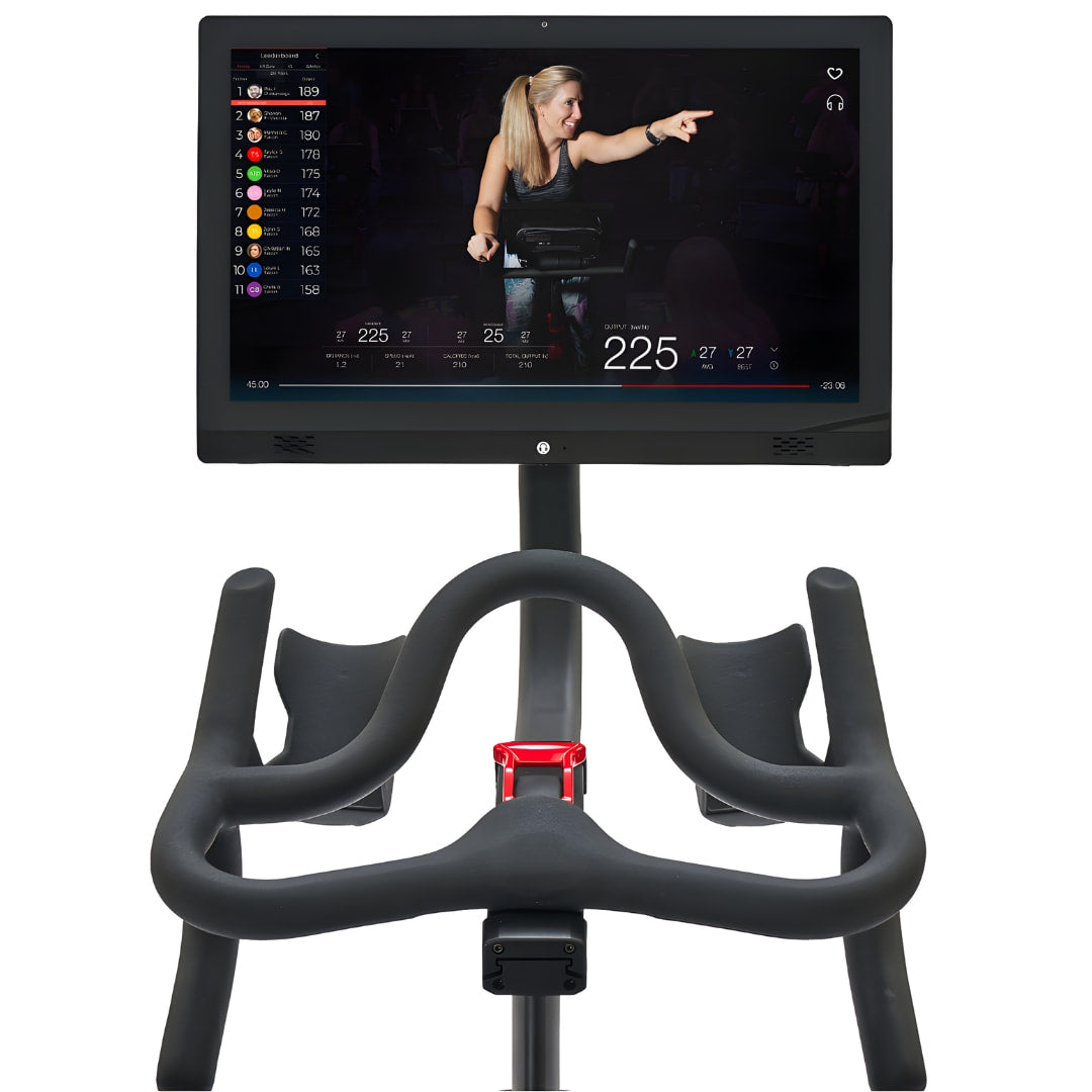 Echelon EX-PRO Smart Connect Bike featuring a large screen displaying a fitness instructor and performance metrics.