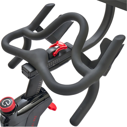 Close-up view of the handlebars and control panel of the Echelon EX-PRO Smart Connect Bike, featuring a sleek design with adjustable settings.