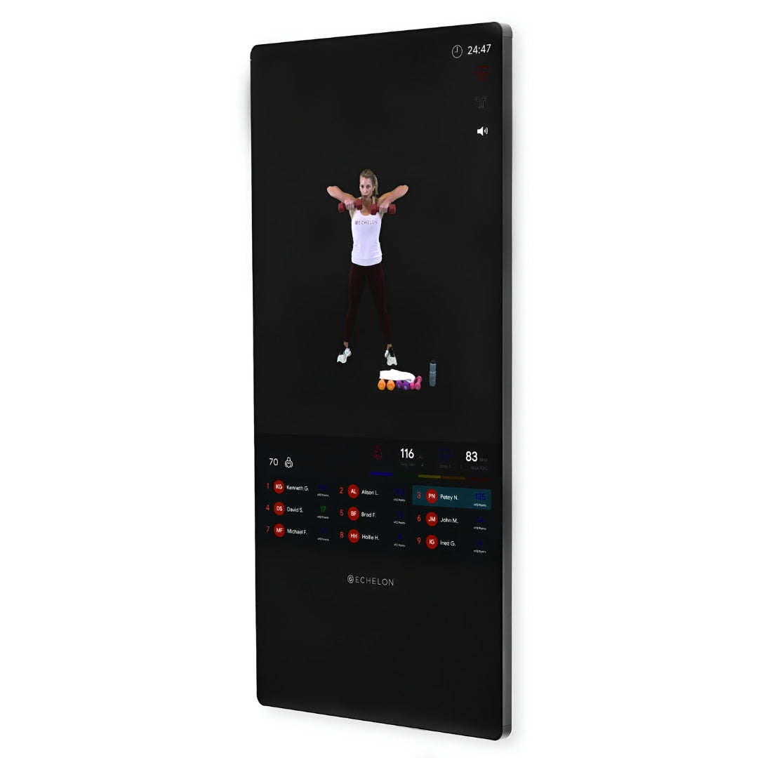 Echelon Reflect 50\ Smart Fitness Mirror displaying a virtual workout instructor and fitness metrics on the screen.