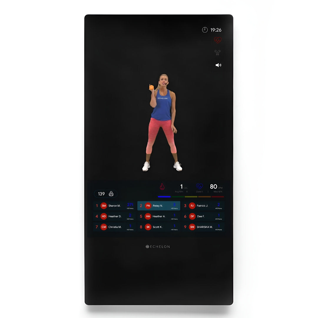 Echelon Reflect 50 Smart Fitness Mirror displaying a fitness instructor demonstrating an exercise with a dumbbell, alongside performance metrics and leaderboard.