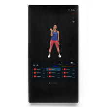 Echelon Reflect 50 Smart Fitness Mirror displaying a fitness instructor demonstrating an exercise with a dumbbell, alongside performance metrics and leaderboard.