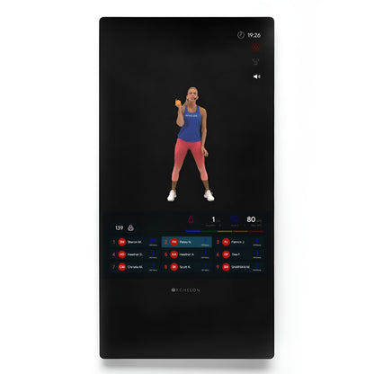 Echelon Reflect 50 Smart Fitness Mirror displaying a fitness instructor demonstrating an exercise with a dumbbell, alongside performance metrics and leaderboard.