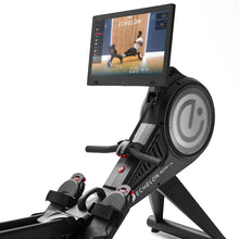 Echelon Row-7S Rowing Machine featuring a screen displaying a workout session with a person rowing.