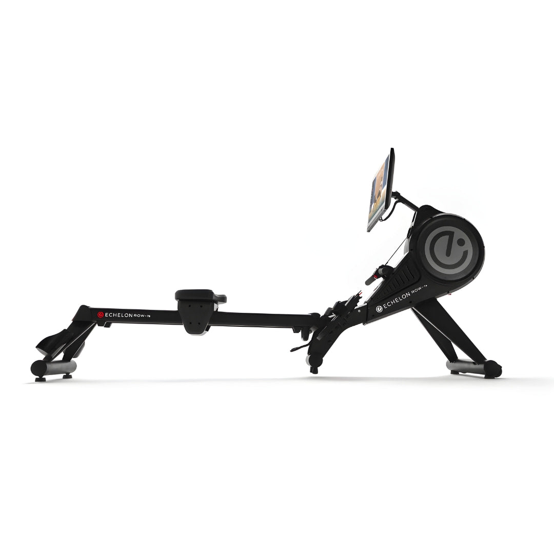 Echelon Row-7S Rowing Machine viewed from the side, showcasing its sleek design and attached monitor.