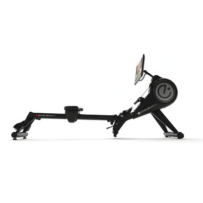 Echelon Row-7S Rowing Machine viewed from the side, showcasing its sleek design and attached monitor.