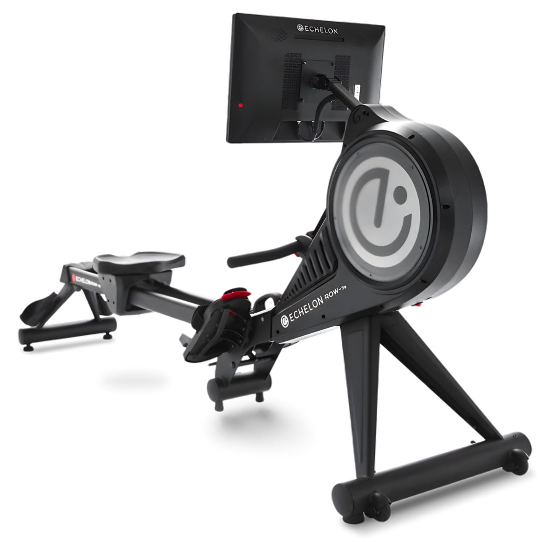 Echelon Row-7S Rowing Machine featuring a sleek design with a digital monitor attached, showcasing the brand logo and ergonomic components for an effective workout experience.