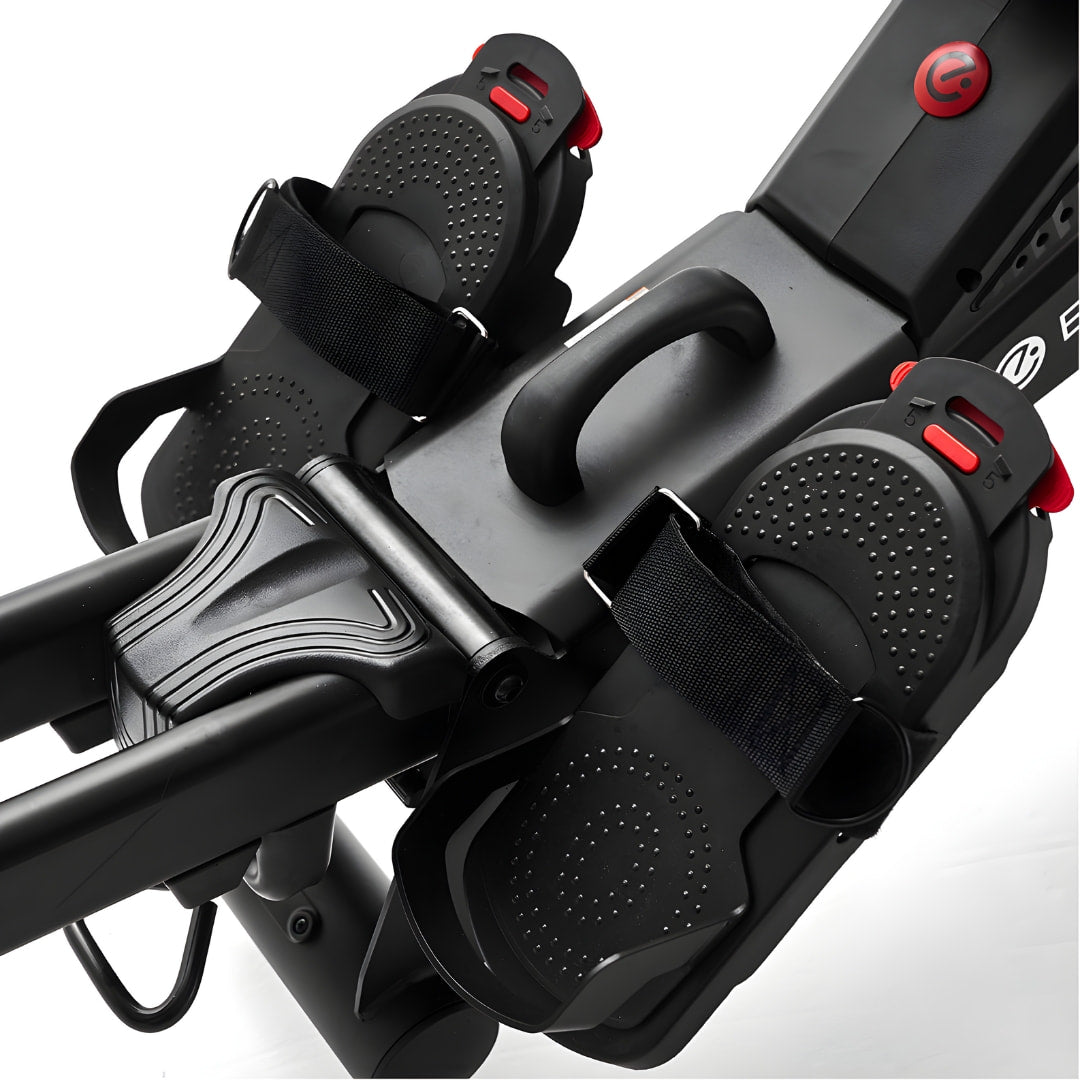 Close-up view of the footrests and handle of the Echelon Row-7S Rowing Machine, featuring adjustable straps and a sleek design.