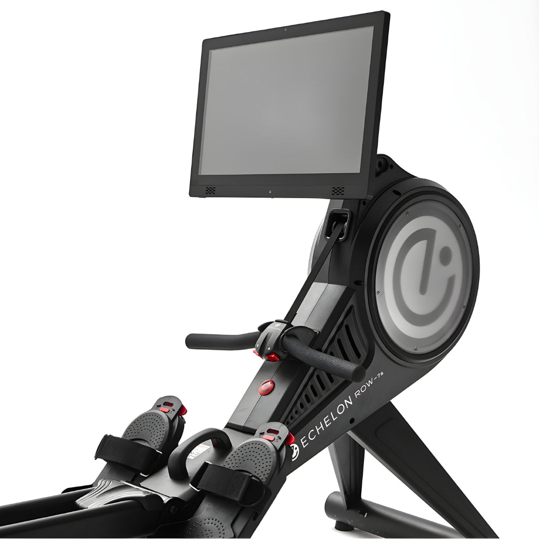Close-up view of the Echelon Row-7S Rowing Machine featuring a large monitor and ergonomic design.