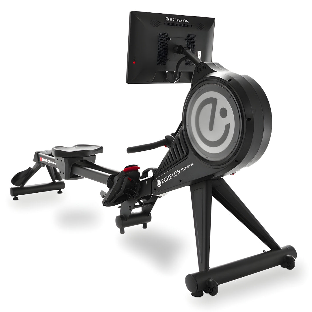 Echelon Row-7S Rowing Machine with a monitor, featuring a sleek black design and adjustable footrests, set against a white background.