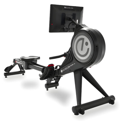 Echelon Row-7S Rowing Machine with a monitor, featuring a sleek black design and adjustable footrests, set against a white background.