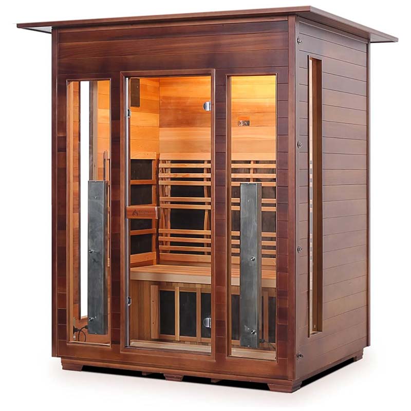 Luxury wooden infrared sauna with glass doors and spacious interior.