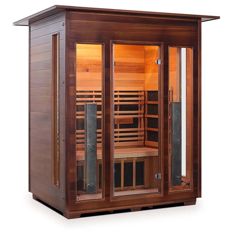 Three-person infrared sauna with tempered glass doors and interior lighting.