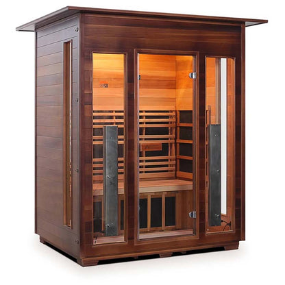 Three-person infrared sauna with tempered glass doors and interior lighting.