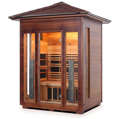 Luxury cedar wood sauna cabin with glass doors and interior benches.