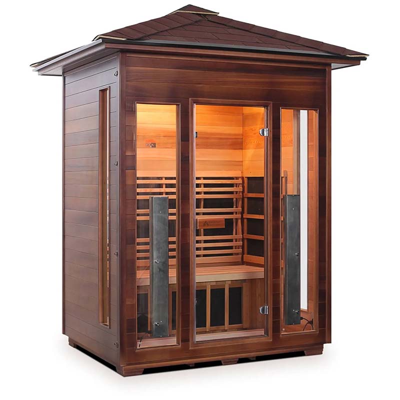 Luxury wooden sauna with glass doors and interior lighting.