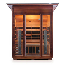Luxury wooden sauna with glass door and internal lighting, isolated on white background.