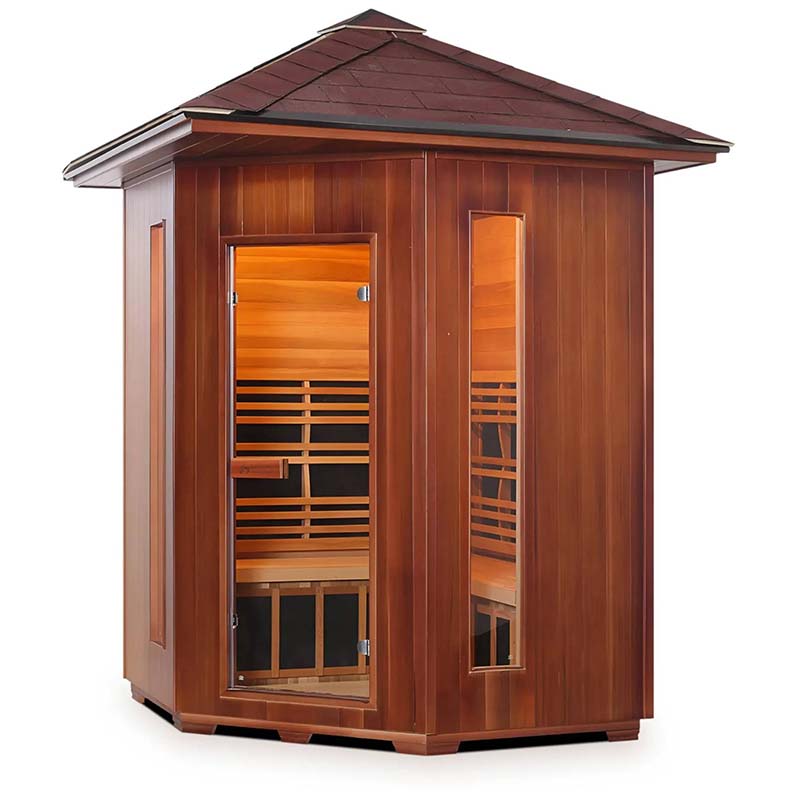 outdoor-wooden-sauna-with-glass-doors-and-brown-roof