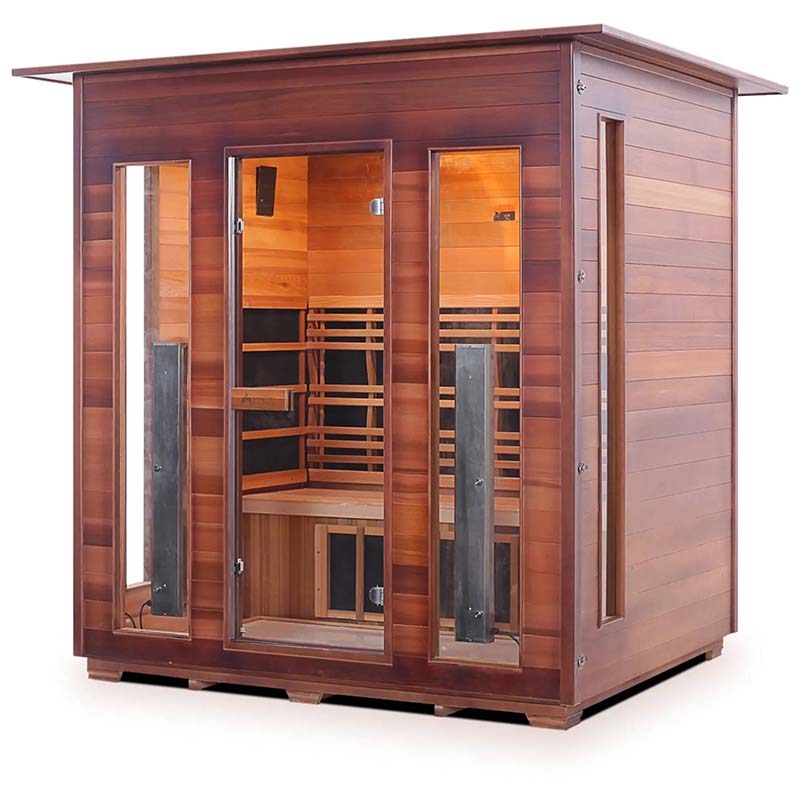 Modern cedar infrared sauna with glass doors and wooden interior for relaxation and wellness.