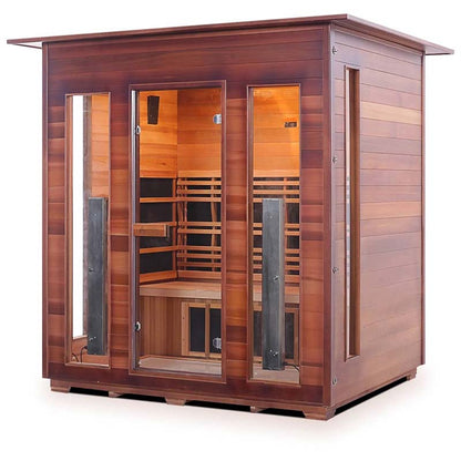 Modern cedar infrared sauna with glass doors and wooden interior for relaxation and wellness.