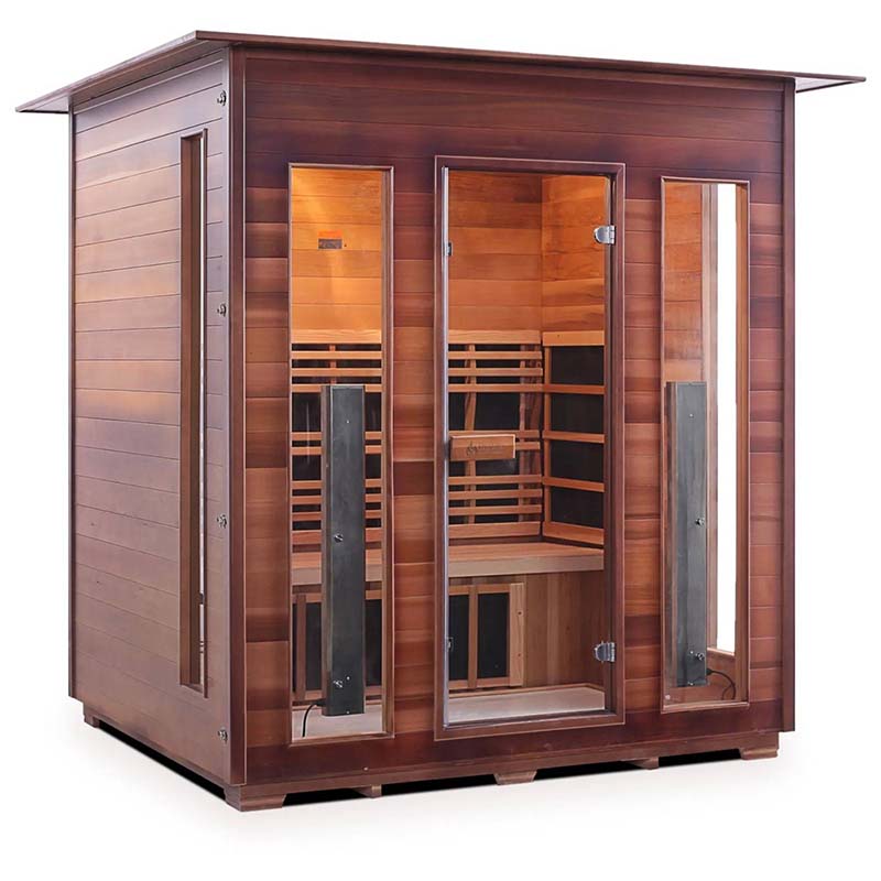 Modern cedar infrared sauna featuring three glass doors for optimal heat retention and relaxation.