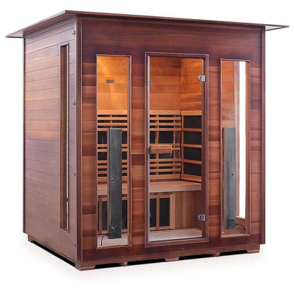 Modern cedar infrared sauna featuring three glass doors for optimal heat retention and relaxation.
