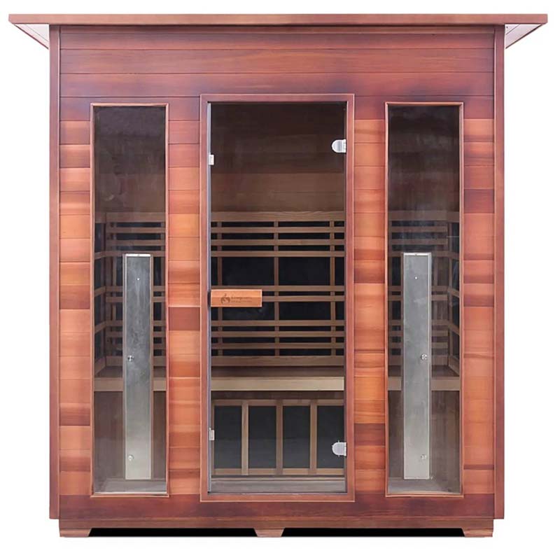 Infrared sauna with wooden exterior and glass doors, promoting relaxation and wellness.
