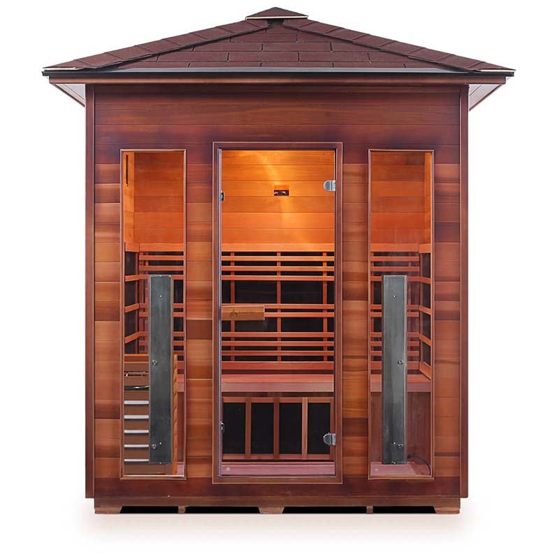 Cedar outdoor sauna with glass doors and a sloped roof, perfect for relaxation and wellness.