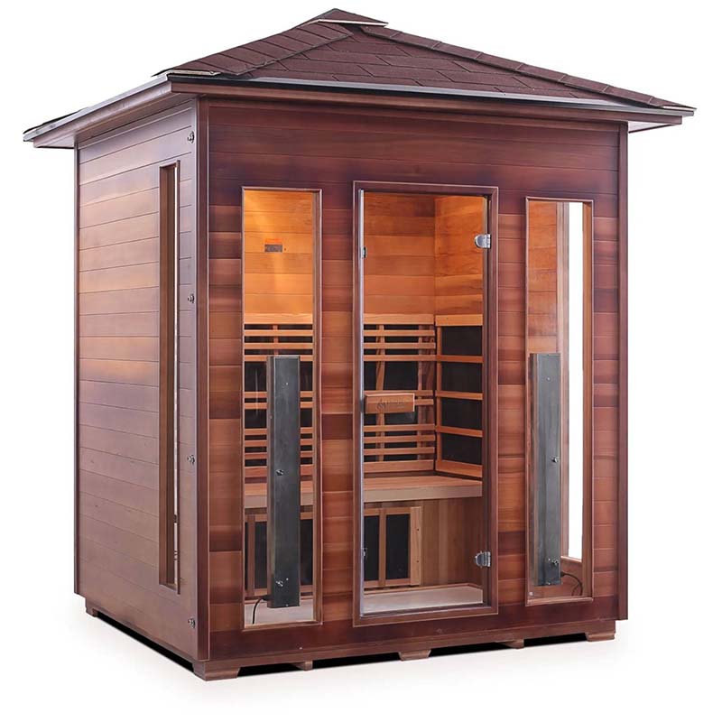 Outdoor cedar infrared sauna with glass doors providing a modern relaxation space.