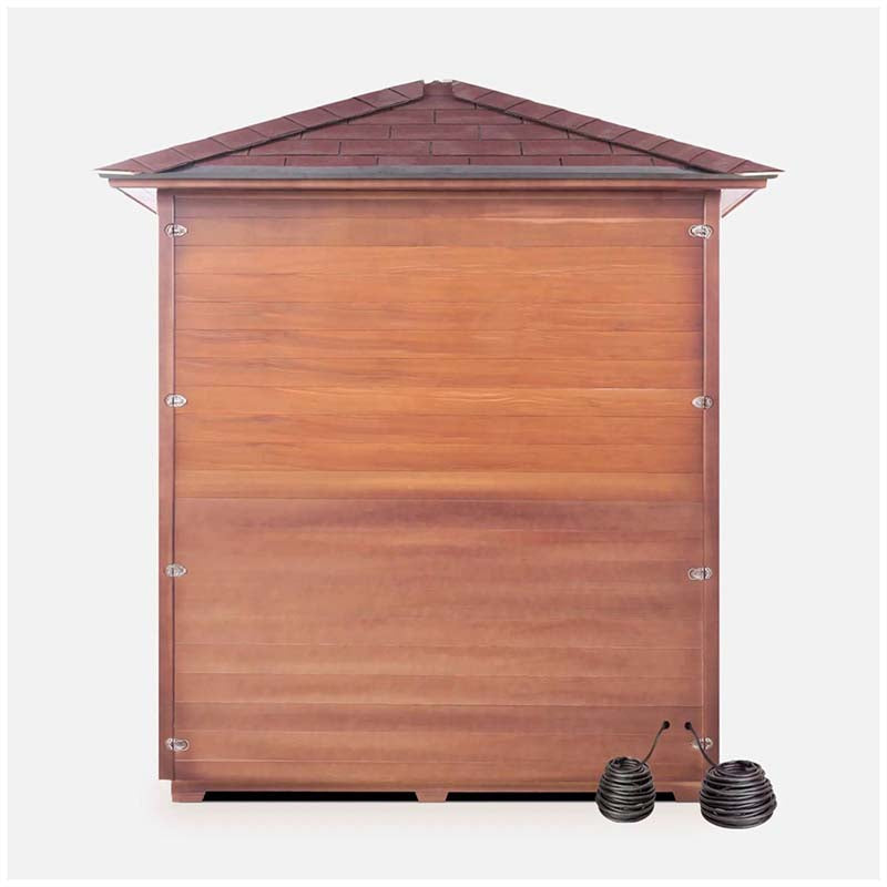 Wooden outdoor sauna with sloped roof and dark vents; relaxation and wellness solution.