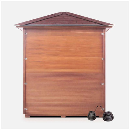 Wooden outdoor sauna with sloped roof and dark vents; relaxation and wellness solution.