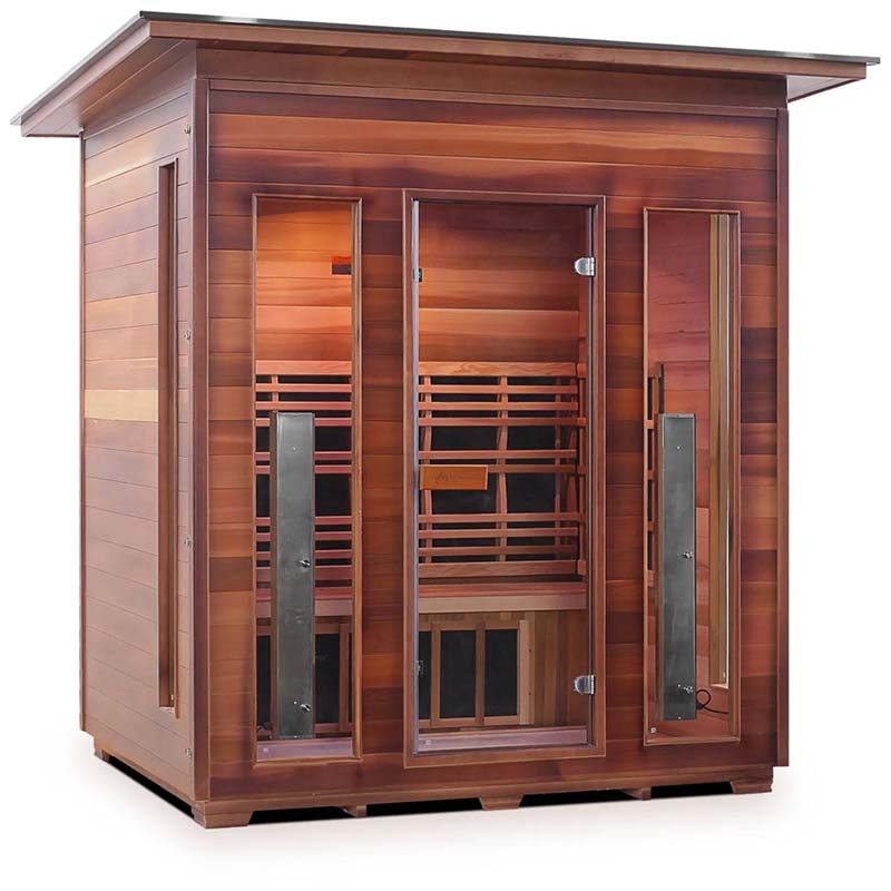 Outdoor home sauna with cedar wood finish and glass door, perfect for relaxation and wellness.