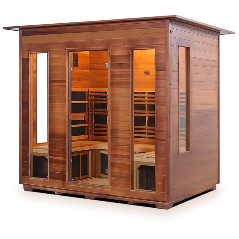Wooden four-person infrared sauna with tempered glass door and full-length windows.