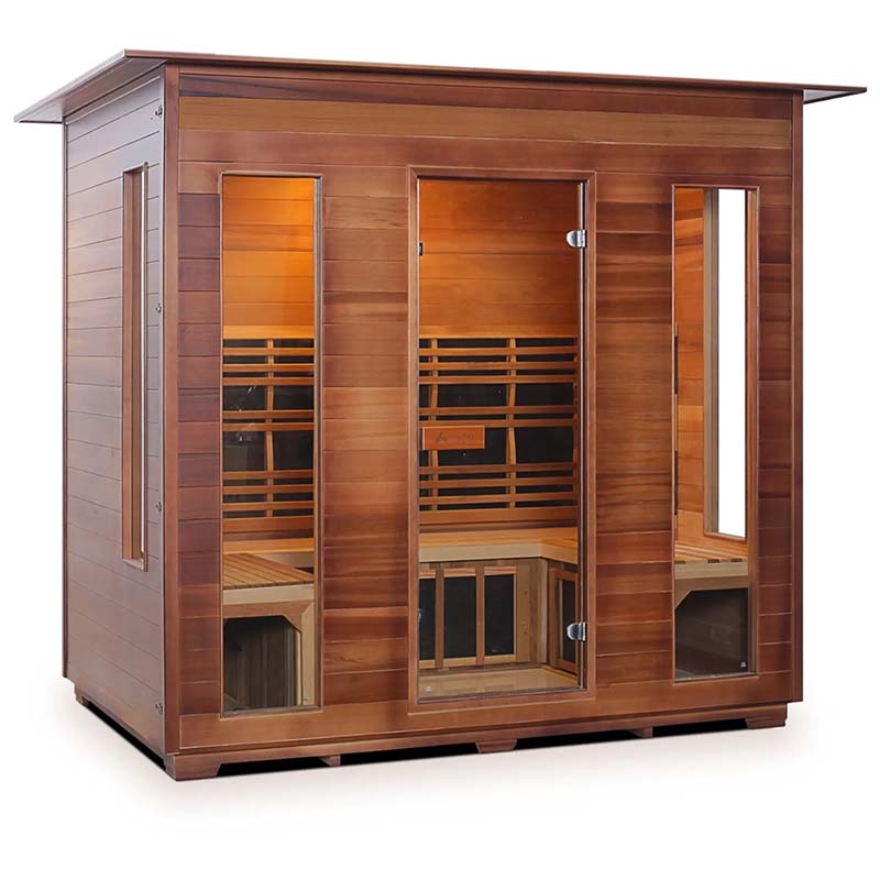 Outdoor infrared sauna with sleek cedar wood finish and glass doors.
