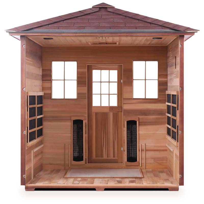 Cedar infrared sauna with dual heaters and glass door for relaxation.