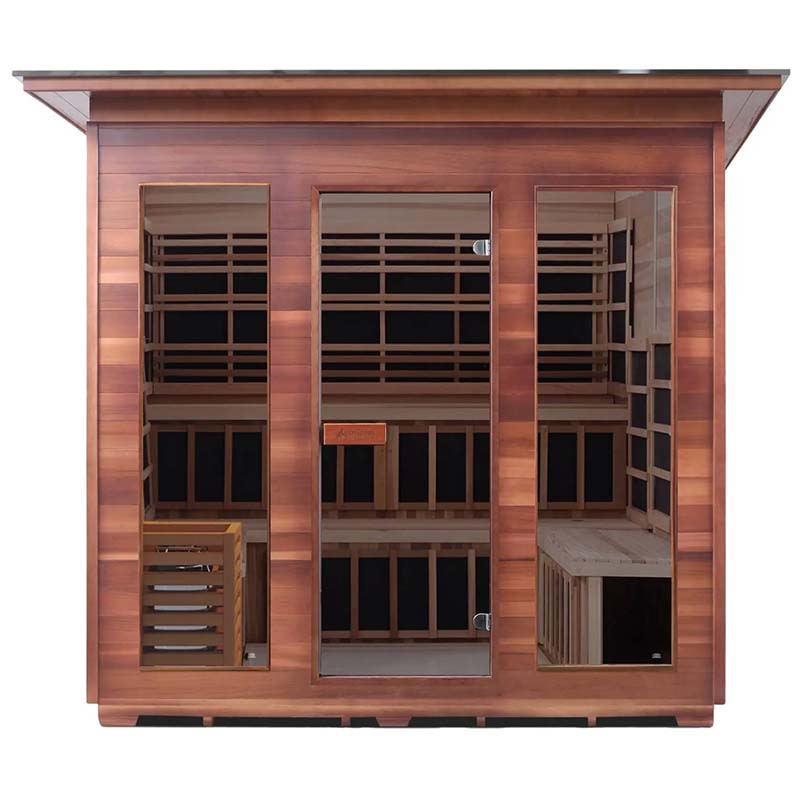 Wooden three-person infrared sauna with clear glass door.