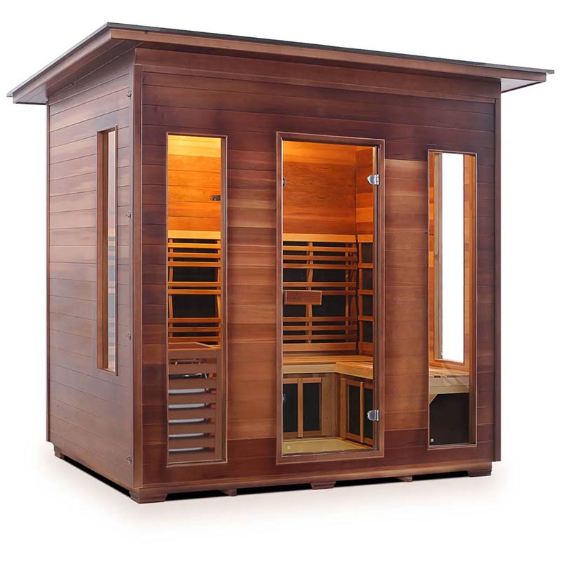 Cedar infrared sauna with glass doors and sleek, modern design.