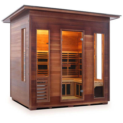 Cedar infrared sauna with glass doors and sleek, modern design.