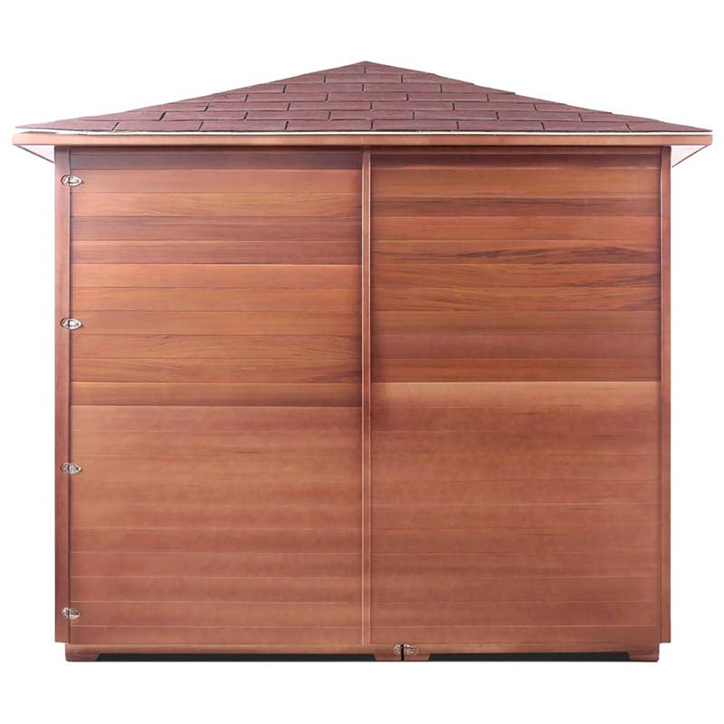 Cedar shed with shingled roof by Home Designs, featuring natural wood texture.