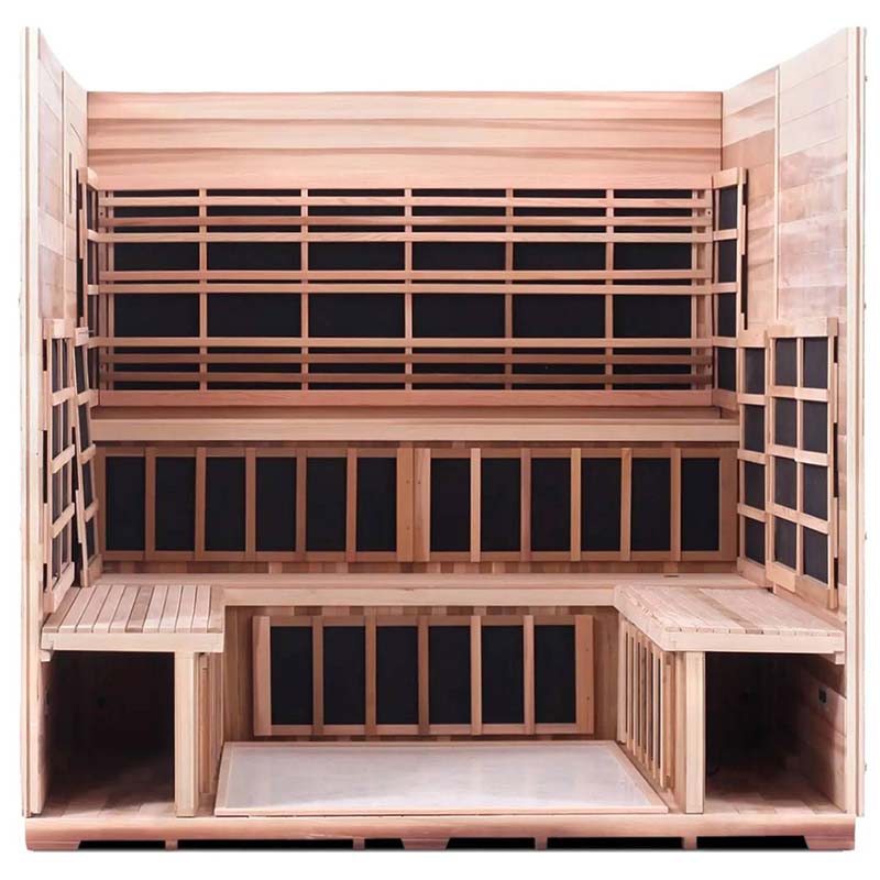 Three-person infrared sauna with wooden benches and carbon heaters for optimal relaxation.