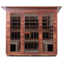 Red cedar infrared sauna cabin with glass doors featuring a modern design.