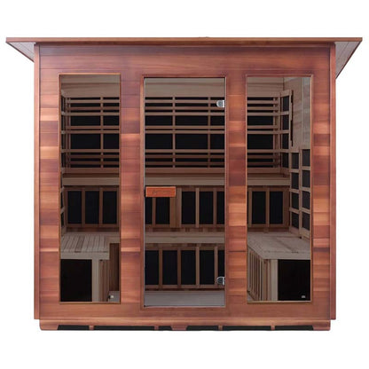 Red cedar infrared sauna cabin with glass doors featuring a modern design.