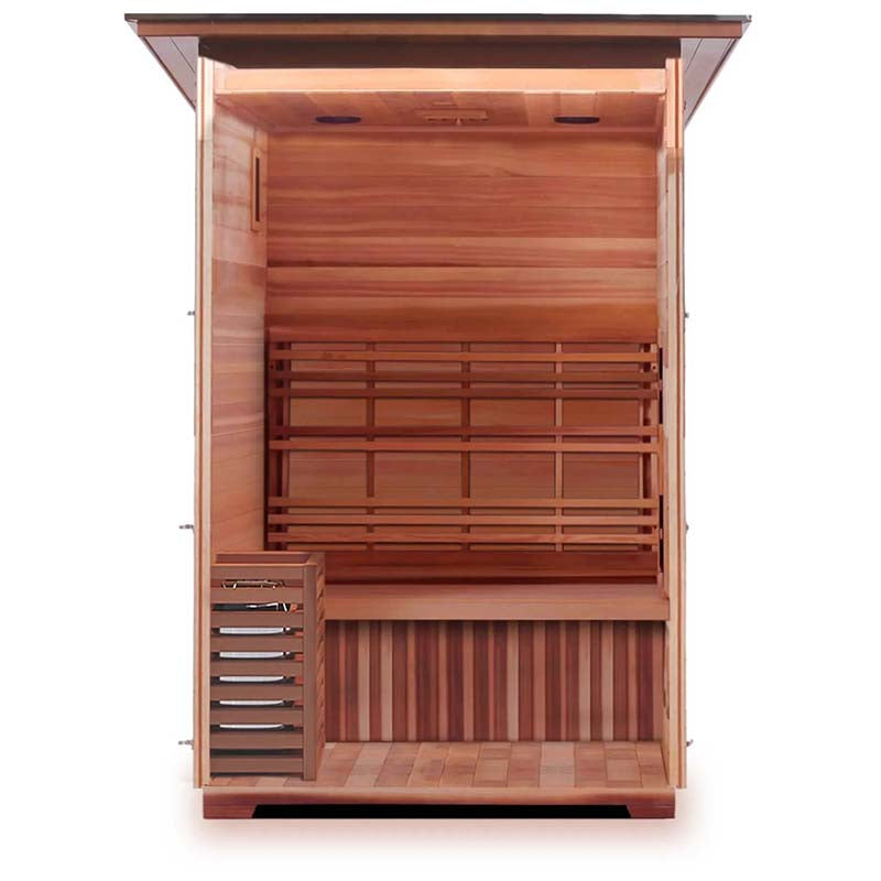 Wooden sauna interior with cedar bench and subtle lighting.