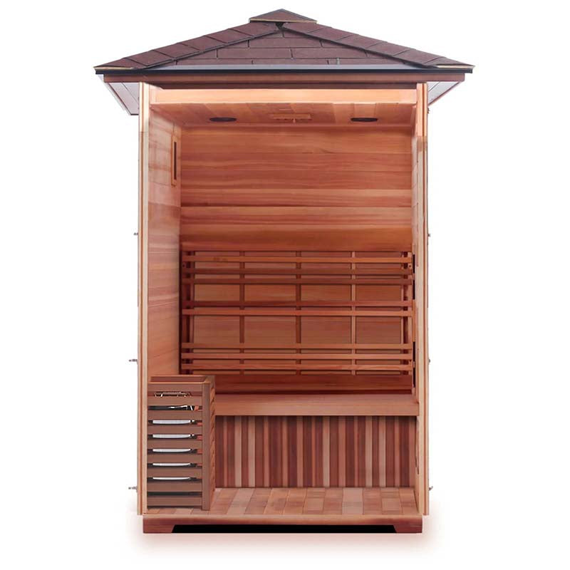 Outdoor infrared home sauna with a wooden interior and a gabled roof.