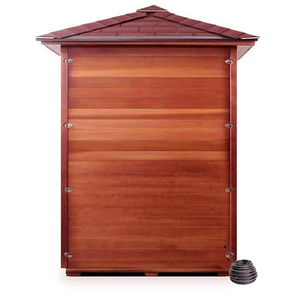 Wooden sauna exterior with a red shingle roof, featuring premium outdoor heating system.