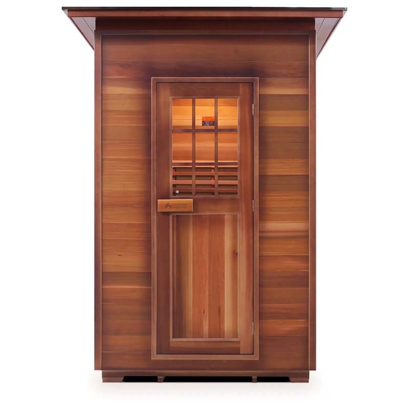 Traditional wooden outdoor sauna with glass-paneled door.