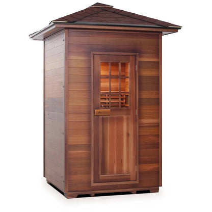 Cedar Nordic sauna with brown wood panels and glass door.