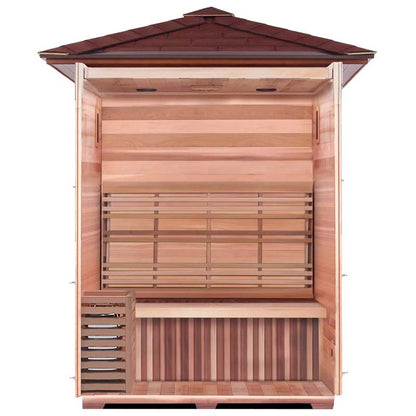 Cedar infrared sauna with a polished wood interior for home relaxation.