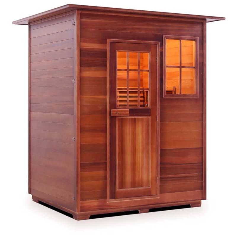 Compact cedar infrared sauna with glass windows.