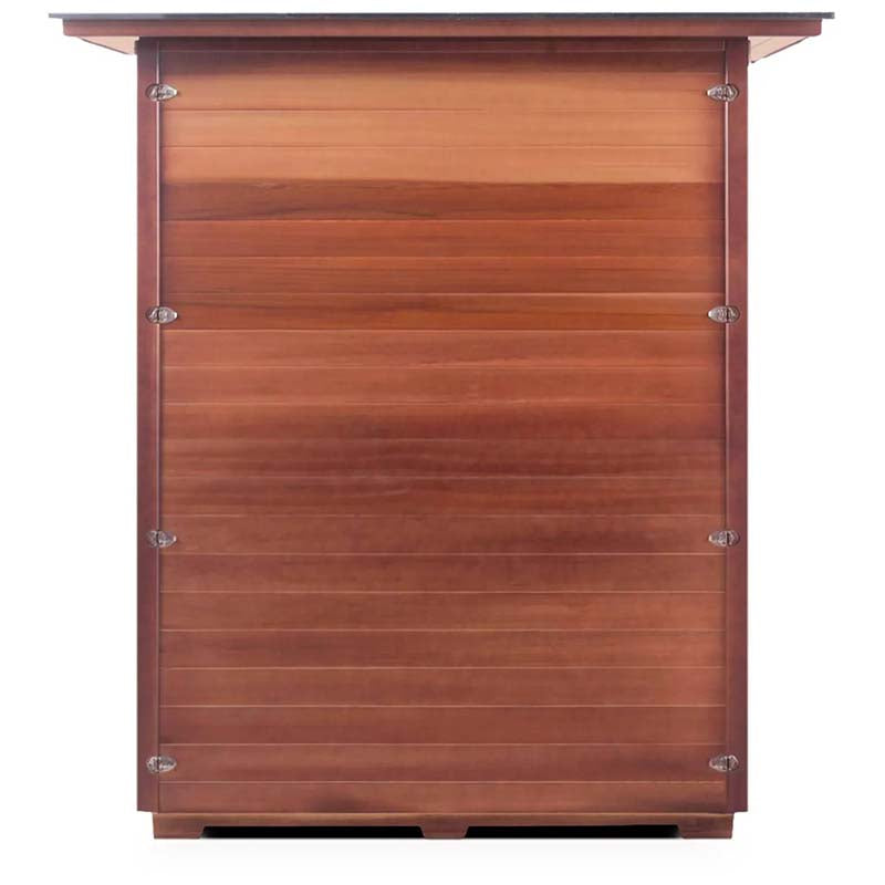 Cedar enclosure with corner brackets on shed.